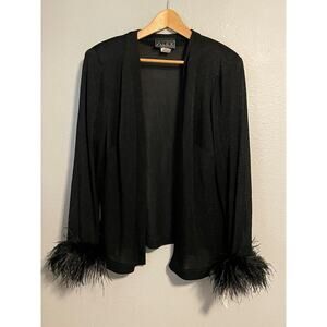 Alex Evenings Jacket Womens 16W Black Feather Cuff Sheer Sparkle Open Front USA